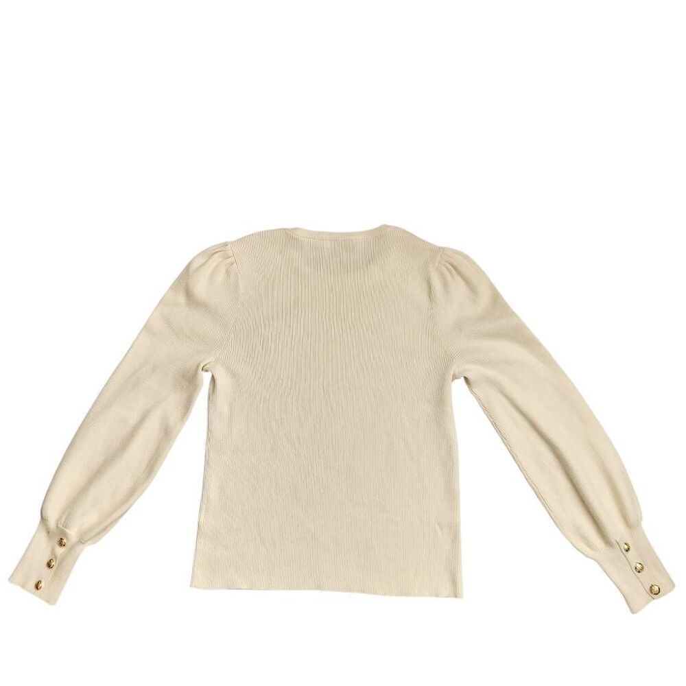 Lauren Ralph Lauren Sweater Womens XL Button Trim Ribbed Gold Ivory Puff Sleeve - Picture 4 of 7